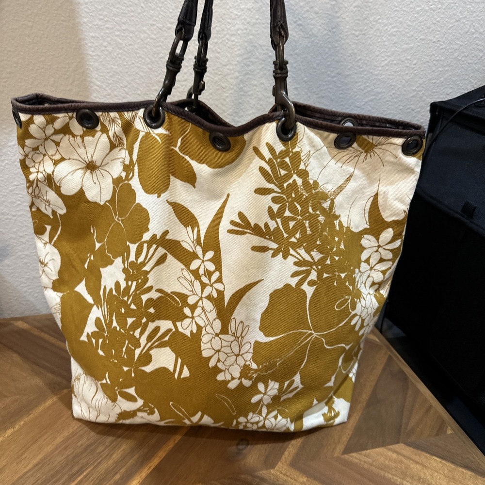 Miu‎ Miu Yellow Floral Tote Bag Canvas Leather Brown 2 Way Tropical Beach